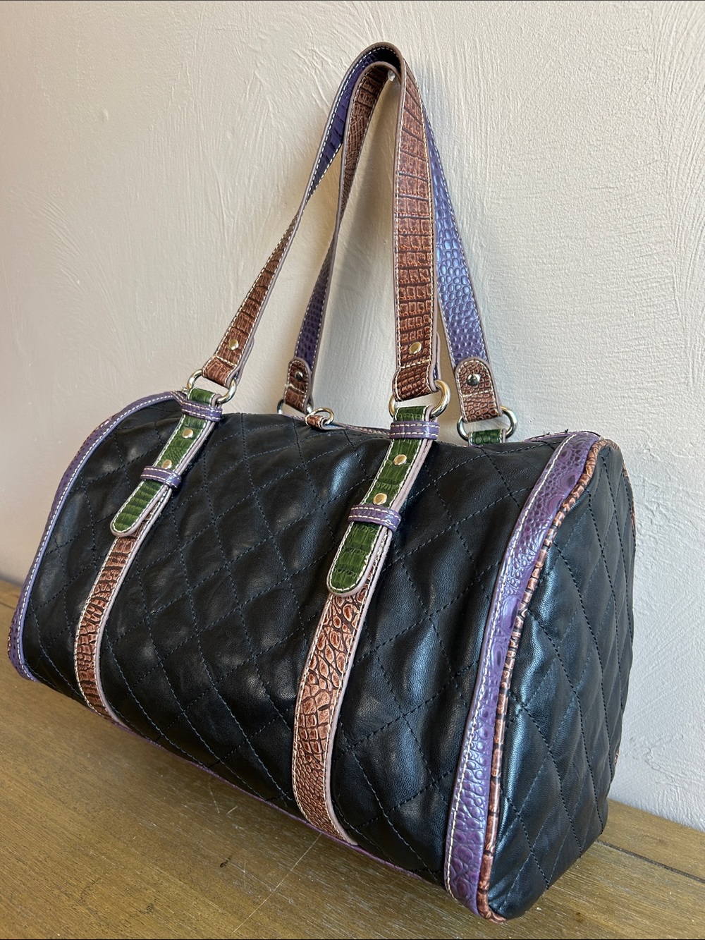 Vintage Y2K Sidney Love Quilted Black Barrel Satchel W/Brown-Purple Croc Straps.